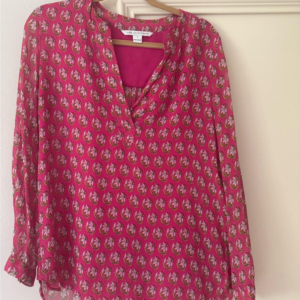 Diane Von Furstenberg Pink Relaxed Blouse with Mandarin Collar